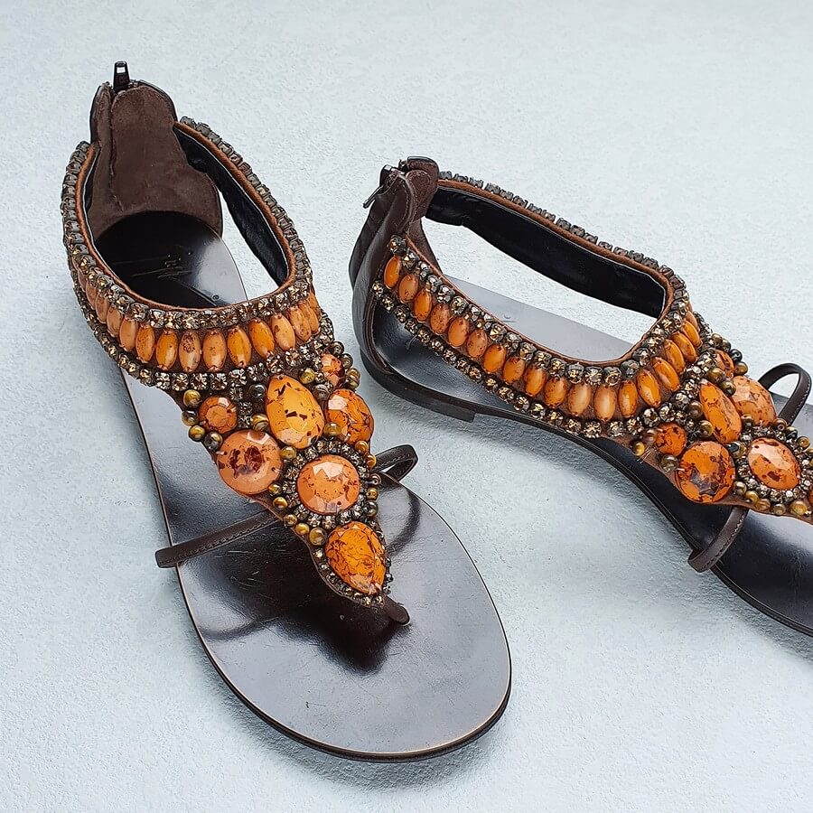 Giuseppe Zanotti Sandals Sz37 Brown Leather with Stone/Beads Shoes #OEKL-12
