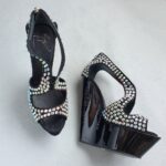 Giuseppe Zanotti Sz37.5 Black Suede/ Crystal Wedges Shoes #OCCT-6