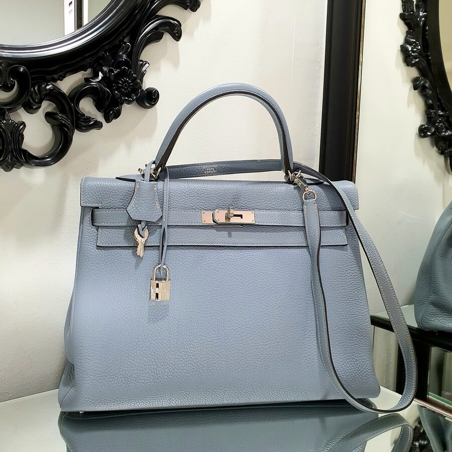 Hermes Kelly 35cm Blue-lin Clemence Leather with Palladium-Plated Hardware #OCTL-1