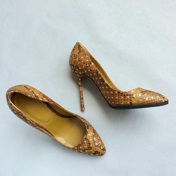 Sergio Rossi Sz37 Pumps Olive Yellow Snakeskin with Gold Hardware Shoes #OCCT-7