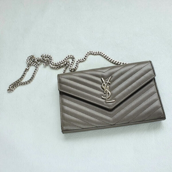 YSL WOC Cassandre Taupe Grey Grained Calf Skin with Silver Hardware #OCSE-1