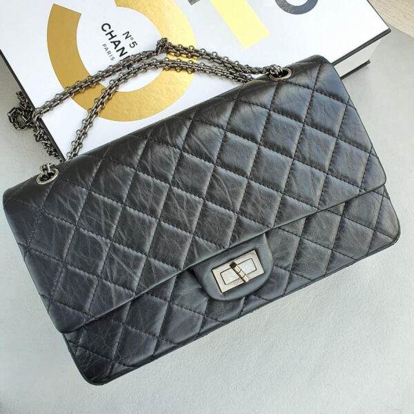 Chanel 2.55 Maxi Double Flap Black Aged Calfskin with Ruthenium Hardware #OKEK-2