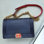 Chanel Le Boy New Medium Navy Blue Embossed Cube Lambskin with Silver/Gold Hardware #GLREO-1