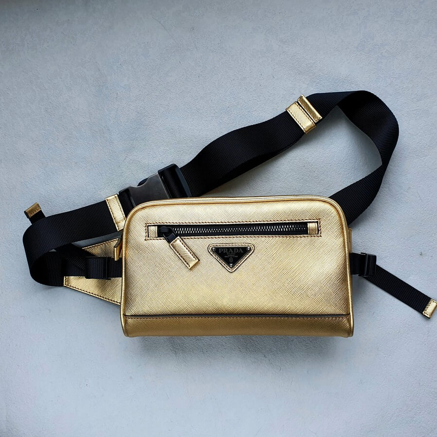 Prada 2VL012 Belt Bag Gold/Black Saffiano Leather with Black Hardware #OKUU-1