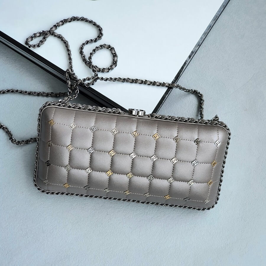Chanel Clutch Bag Grey Lambskin with Silver Hardware #GLRCU-1