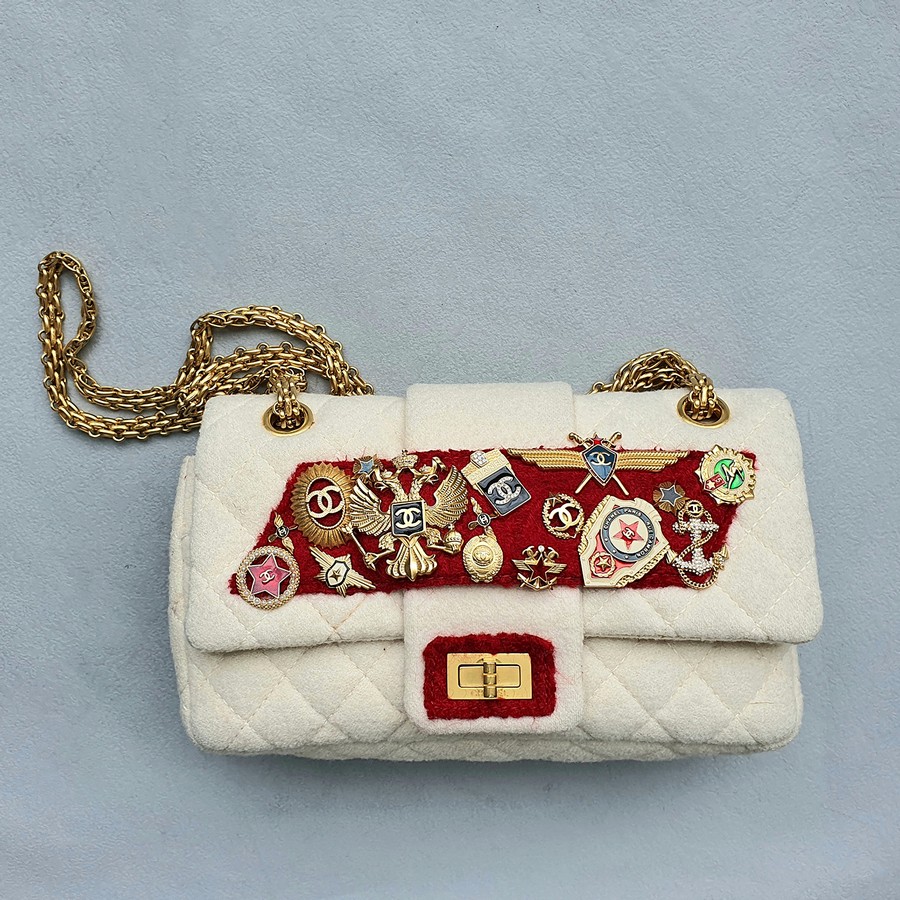 Chanel Flap Bag White/Red Jersey/Leather with Gold Hardware #OKCS-3