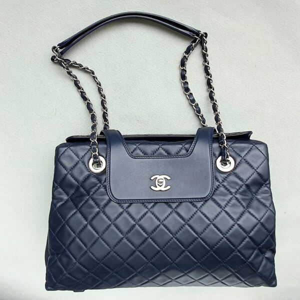 Chanel Large Shopping Tote Navy Blue Lambskin with Silver Hardware #OKTU-2