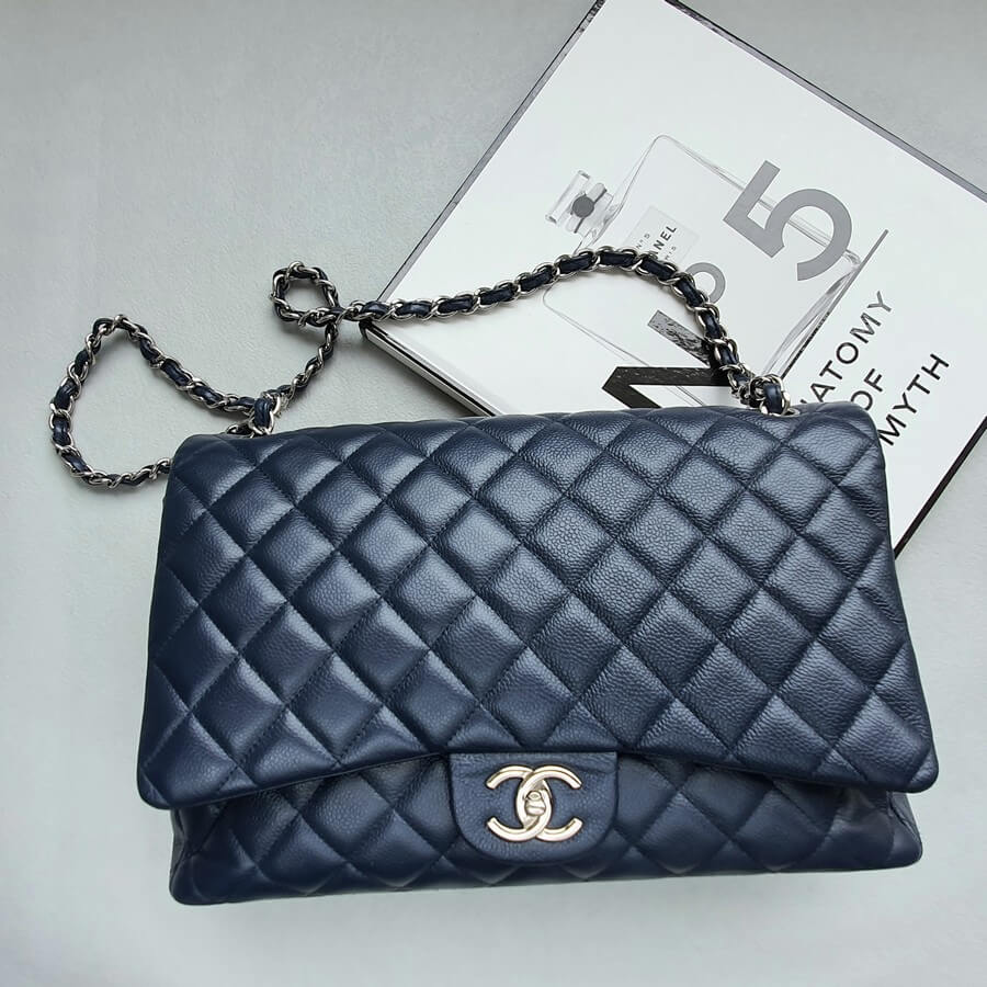 Chanel Maxi Jumbo Double Flap Blue Grained Calfskin with Silver Hardware #GLRLS-1