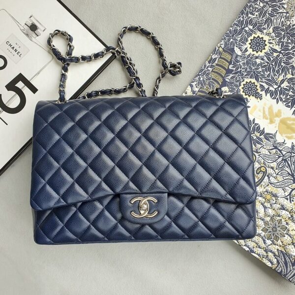 Chanel Maxi Jumbo Double Flap Dark Blue Grained Calfskin with Silver Hardware #OKTL-1