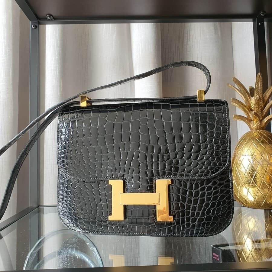 Hermes Contance Black Shiny Porosus with Gold Plated Hardware #OKKY-1