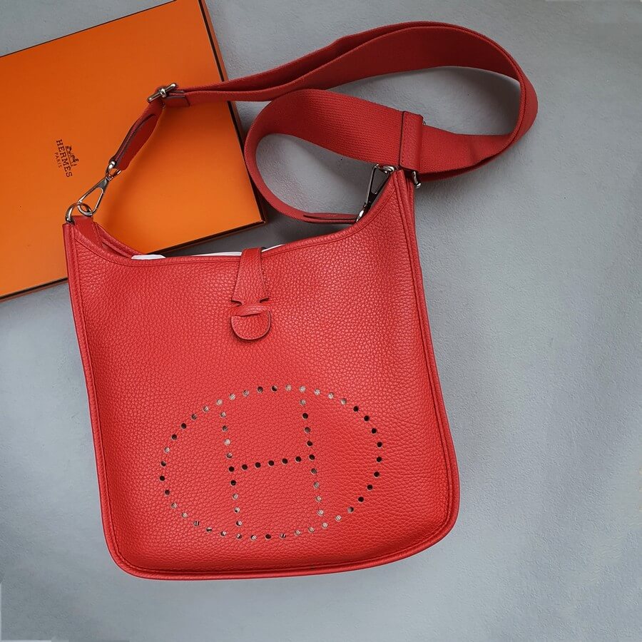 Hermes Evelyne III 29cm Red Clemence Leather with Palladium Plated Hardware #OKYE-2