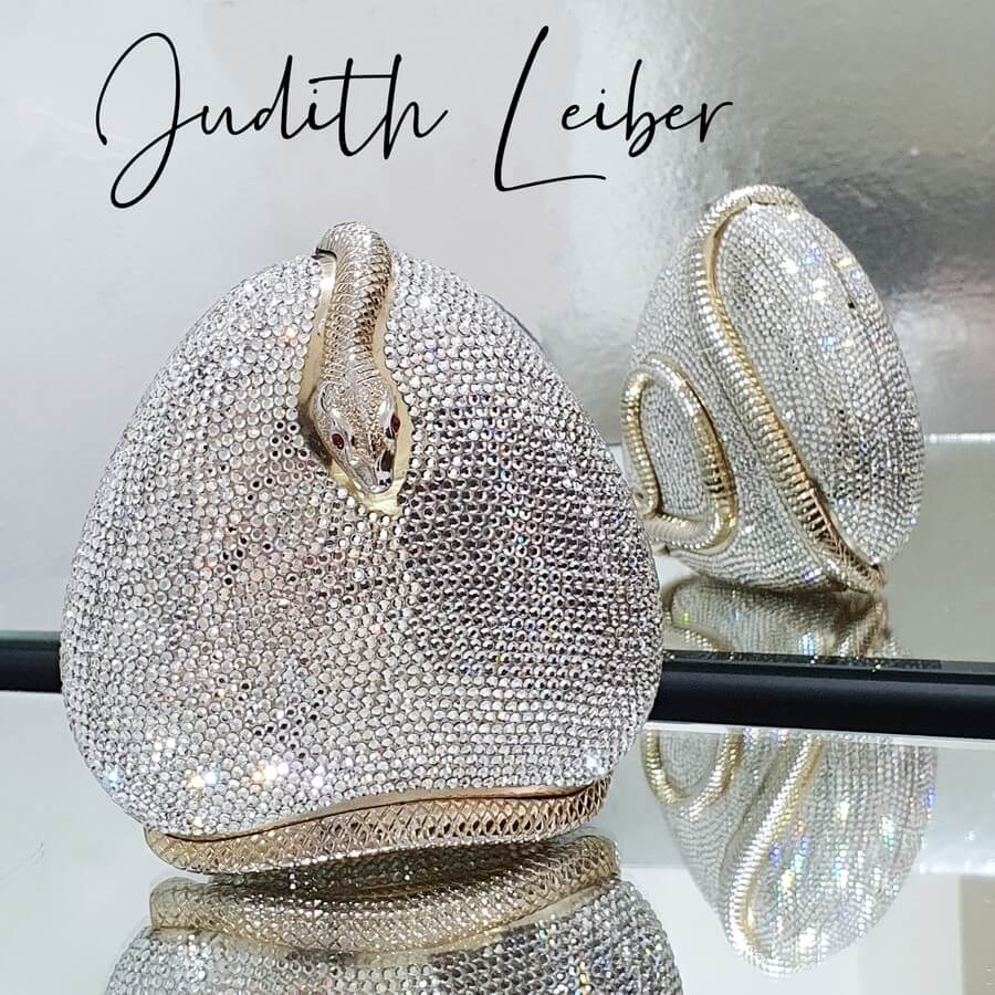 Judith Leiber Snake Clutch Silver/Gold Swarovski Crystal/Lambskin #OKCS-1