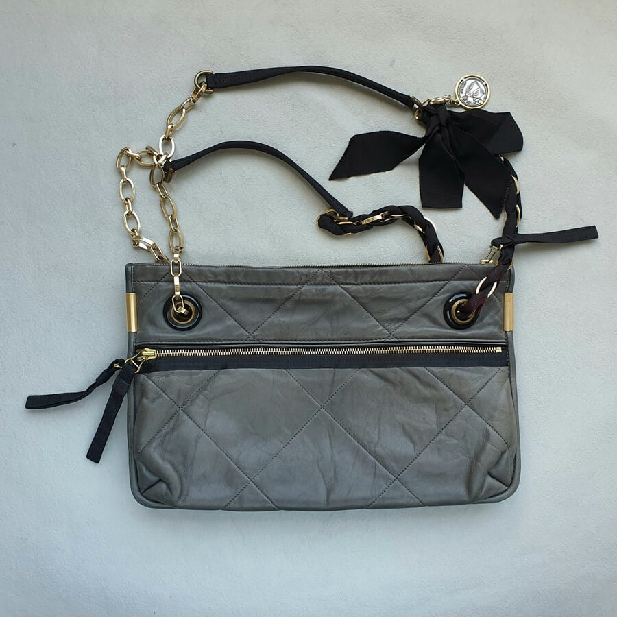 Lanvin Bag Black/Grey Smooth Leather /Grosgrain with Rustic Gold Hardware #OKKE-2