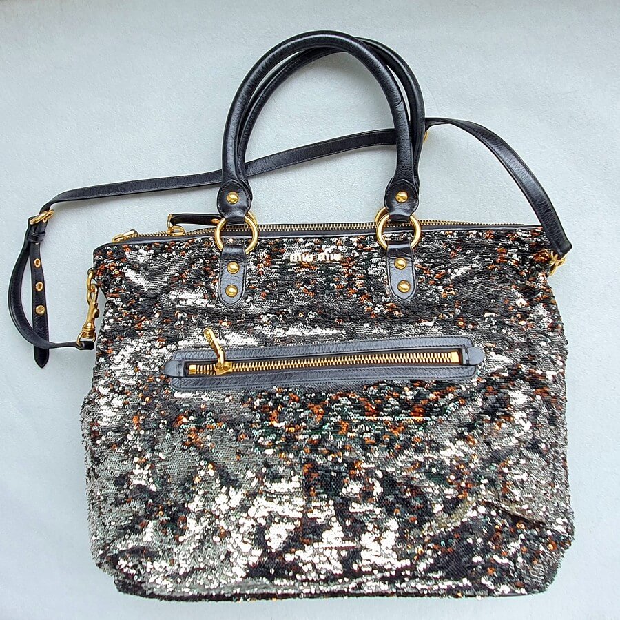 Miu Miu Tote Black/ Silver Sequins with Leather and Gold Hardware #OKYR-5