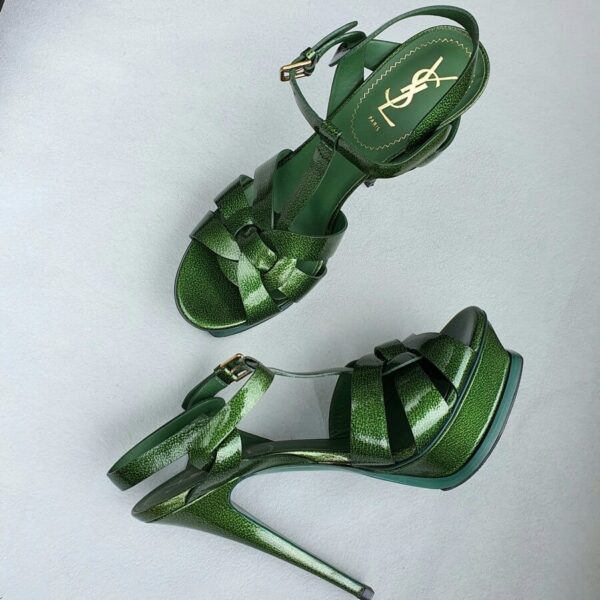 YSL Tribute Platform Sandals SZ38 Green Patent Leather with Gold hardware Shoes #OKCL-3