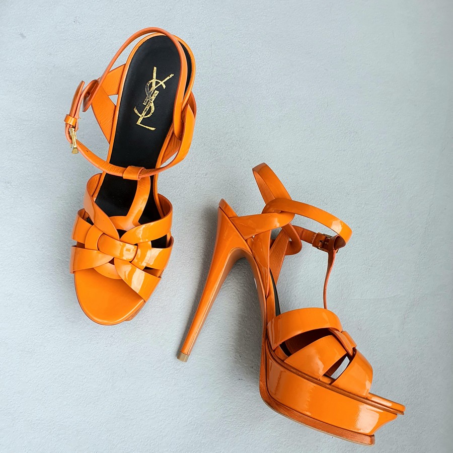 YSL Tribute Platform Sandals SZ38 Orange Patent Leather with Gold hardware Shoes #OKCL-6