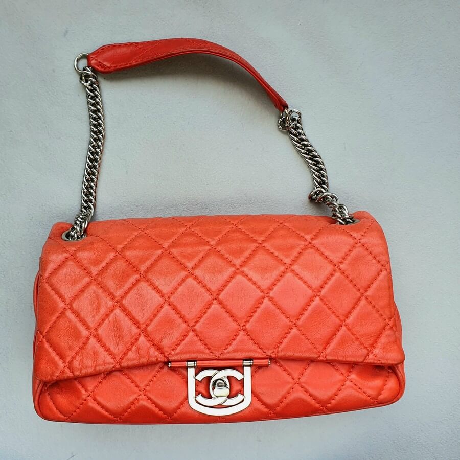 Chanel Shoulder Bag Orange Lambskin with Silver Hardware #OYLE-1