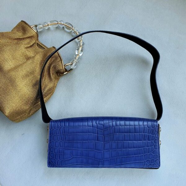 Escada Vintage Shoulder Bag Blue Embossed Leather with Silver Hardware #GLRCK-2