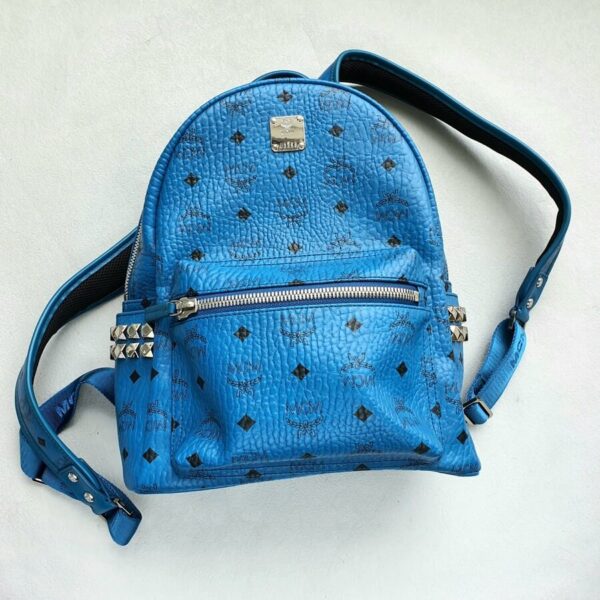 MCM Small Stark Side Studs Backpack Blue Visetos Coated Canvas With Leather And Silver Hardware #OYLK-1
