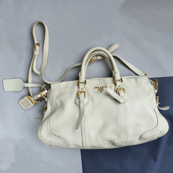 Prada 2way Bag White Calf Leather with Gold Hardware Bag #OYEY-1