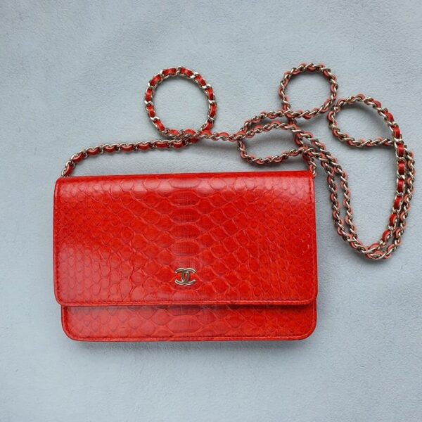 Chanel Wallet On Chain Red Printed Snake Skin with Silver Hardware #OYKU-1