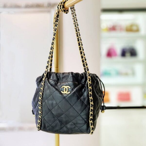 Chanel Drawstring Bucket Bag Black Smooth Leather with Gold Hardware #OYCL-2