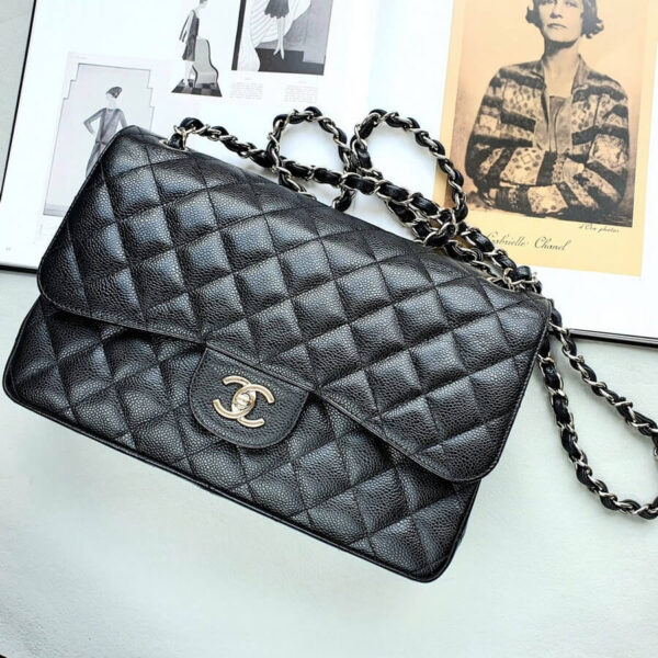 Chanel Jumbo Double Flap Black Grained Calfskin with Silver Hardware #OYKY-1