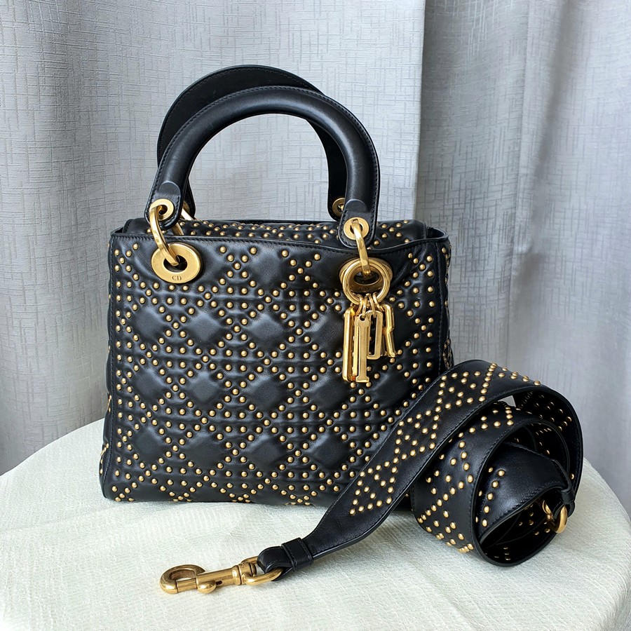 Christian Dior Medium Supple Lady Dior Black Lambskin with Gold Hardware #OYSU-1