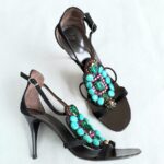 Giuseppe Zanotti Size 37.5 Black Leather with Stone Shoes #OYCY-3