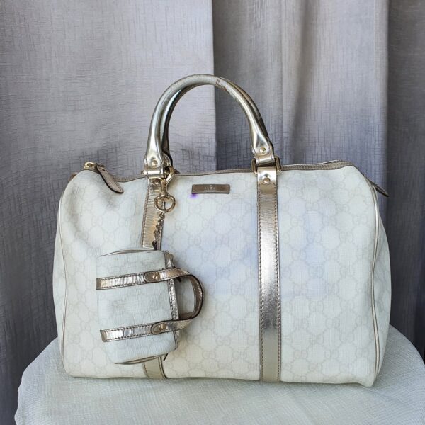 Gucci Boston Bag Gold/White Patent leather /Coated Canvas with Gold Hardware #OYKR-18