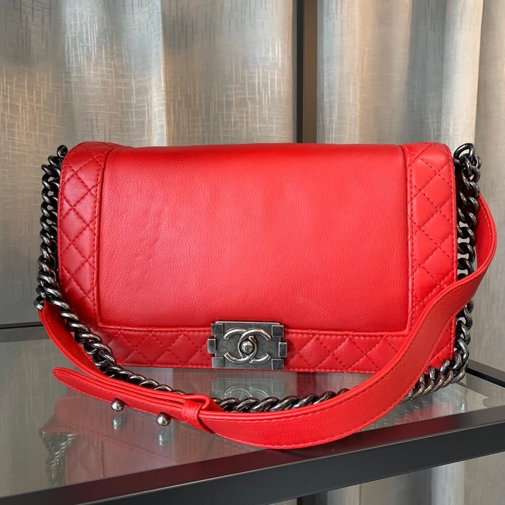 Chanel Boy Large 28cm Red Calf Leather with Ruthenium Hardware #GLRTC-2