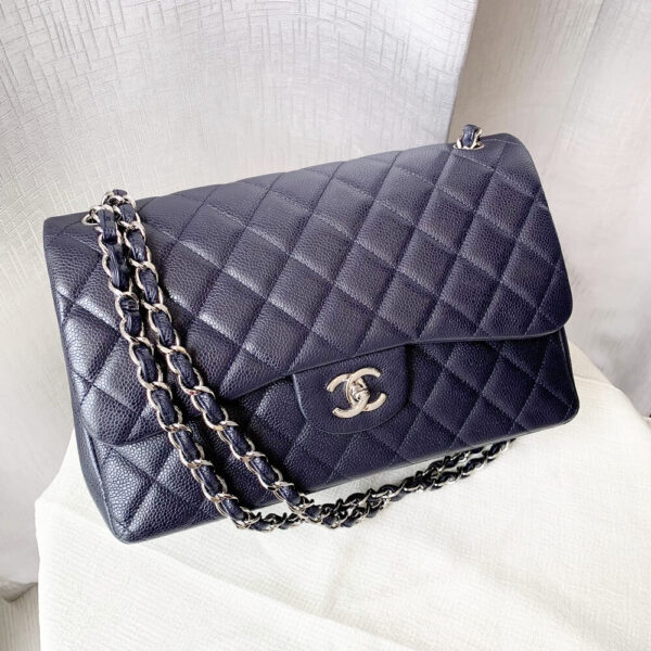 Chanel Jumbo Double Flap Navy Blue Grained Calfskin with Silver Hardware #GLRTK-1