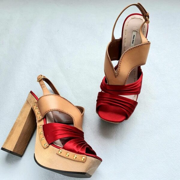 Miu Miu Sandals Size 38.5 Brown/Red Satin/Leather Shoes #OKOO-5