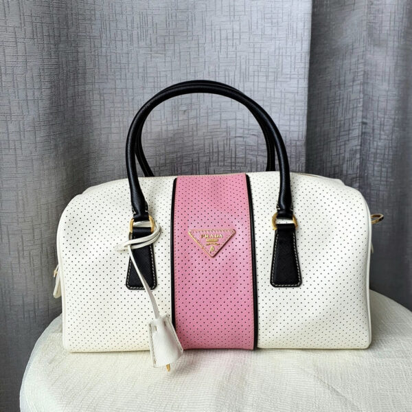 Prada Boston Bag Black/White/Pink Saffiano Leather with Gold Hardware #GLROE-1