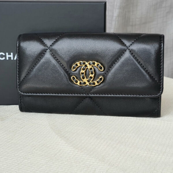 Chanel 19 Long Wallet Black Lambskin with Gold Hardware #OSUO-4