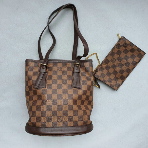 LV Bucket Damier Ebene with Leather and Gold Hardware #OSSO-2