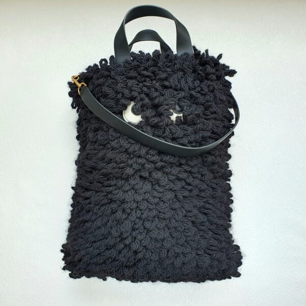 Anya Hindmarch Shopper Shag Eye Black Chunky Wool with Leather and Gold Hardware #OTEY-4