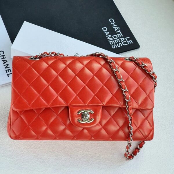 Chanel Classic Medium Double Flap Coral Red Lamsbkin with Silver Hardware #OTEC-1
