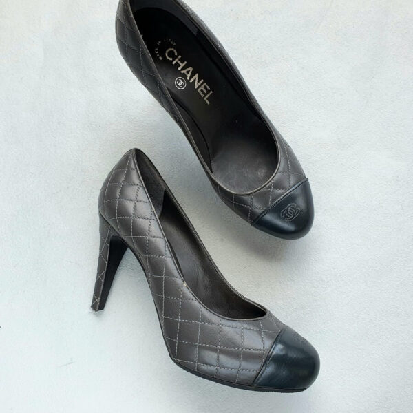 Chanel SZ37C Pump Black/Grey Leather Shoes #OYRY-34