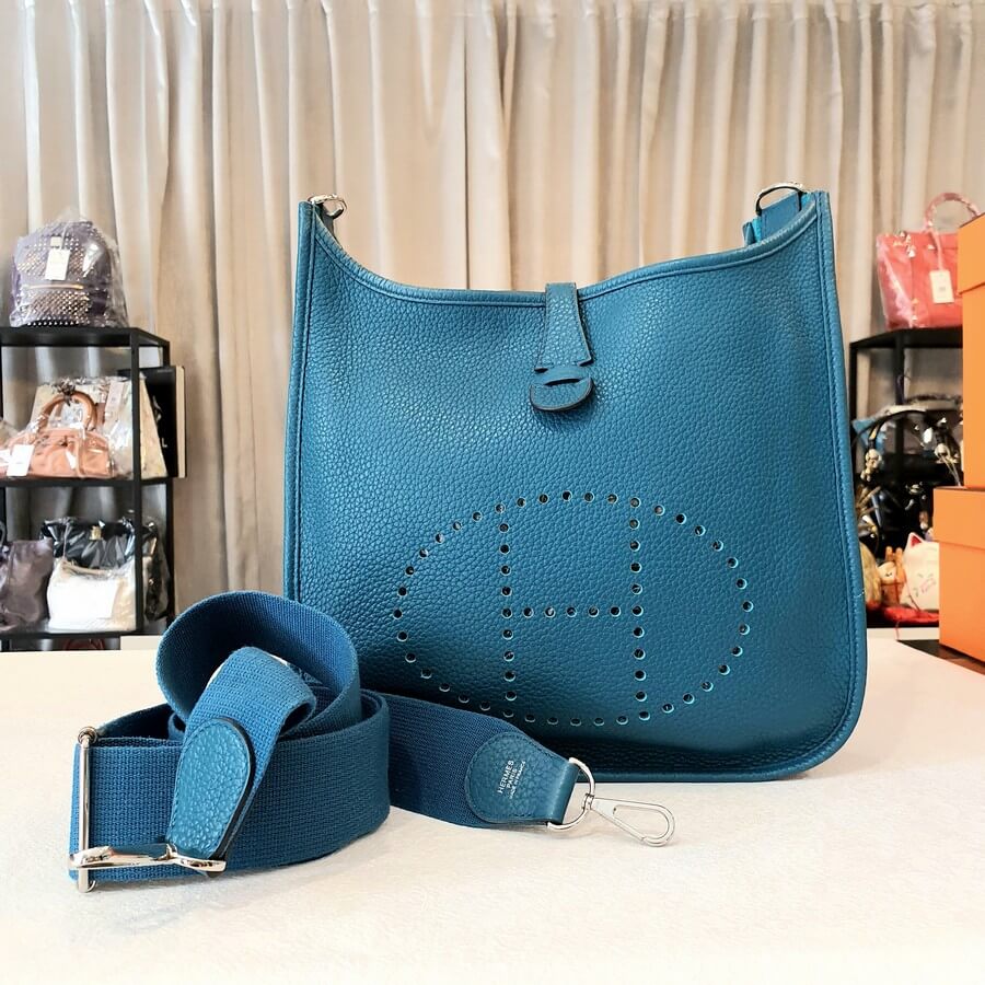 Hermes Evelyne Blue Clemence Leather with Palladium-Plated Hardware #OSRU-4