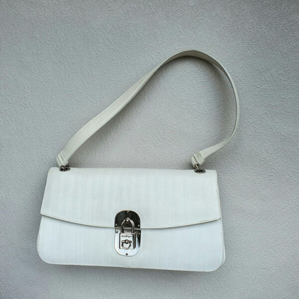S.Ferragamo Shoulder Bag White Calf Leather with Silver Hardware #GUELY-2