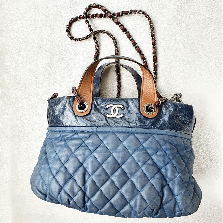 Chanel 2way-bag Brown/Blue Calf Leather with Ruthenium Hardware #OTYU-1