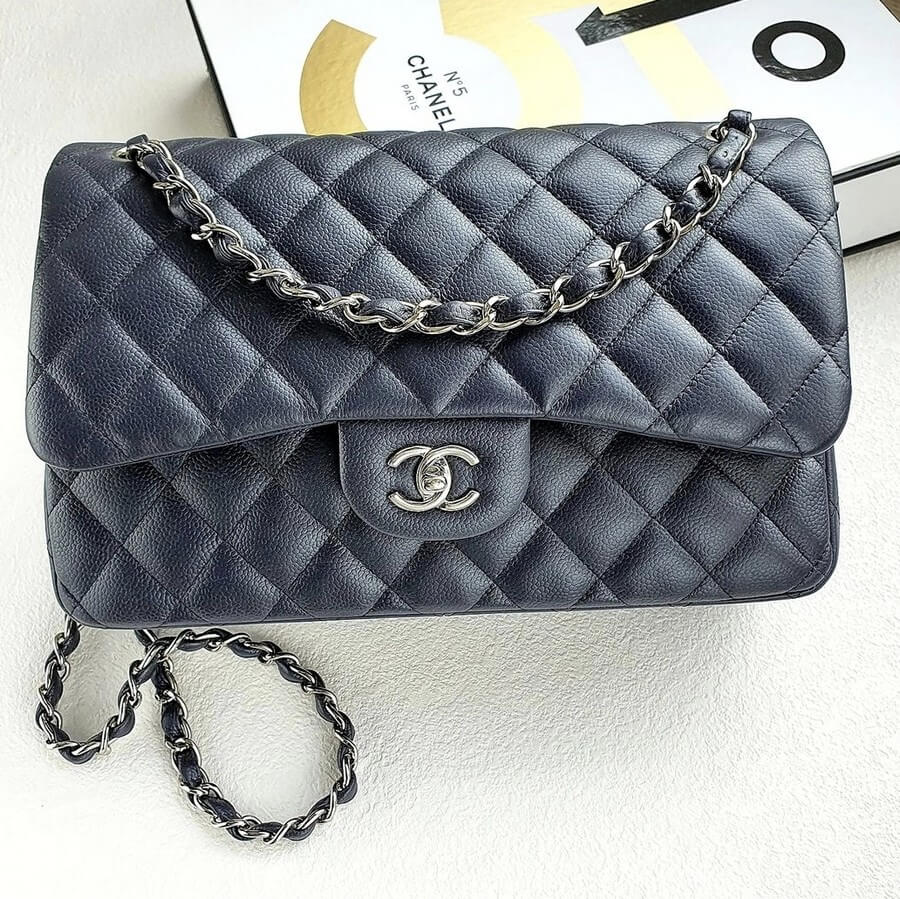 Chanel Jumbo Double Flap Dark Navy Blue Grained Calfskin with Silver Hardware #OTLE-2