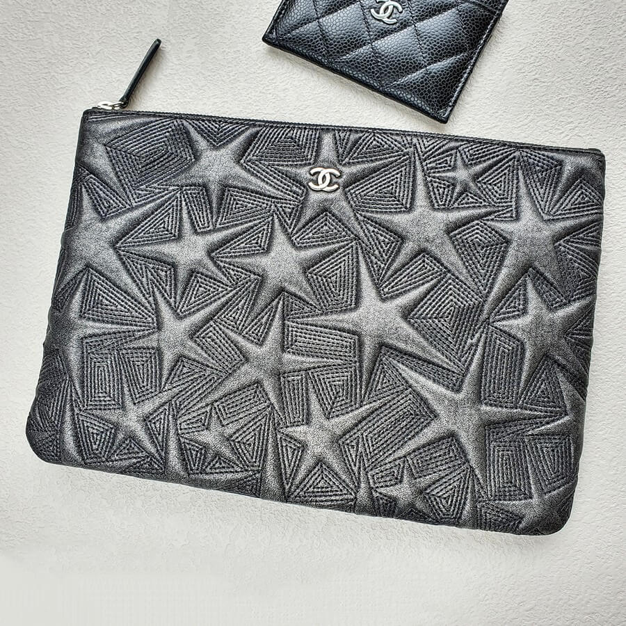 Chanel O'case Clutch Metallic Dark Grey- Black Star Embossed Lambskin with Silver Hardware #OTSE-1