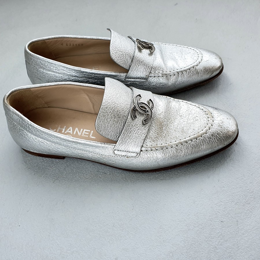 Chanel Size36.5C Loafer Silver Leather Shoes #OSRL-1