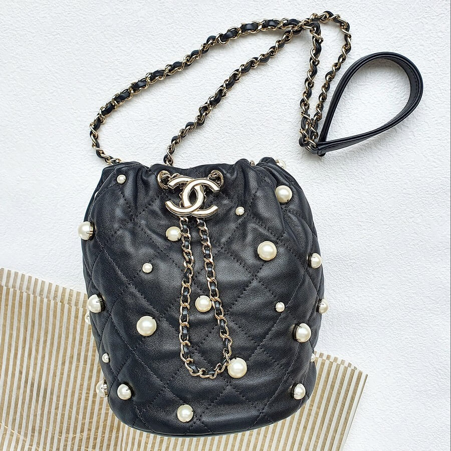 Chanel Small Pearl Bucket Bag Black Lambskin/faux Pearl with Gold Hardware #OTLR-2