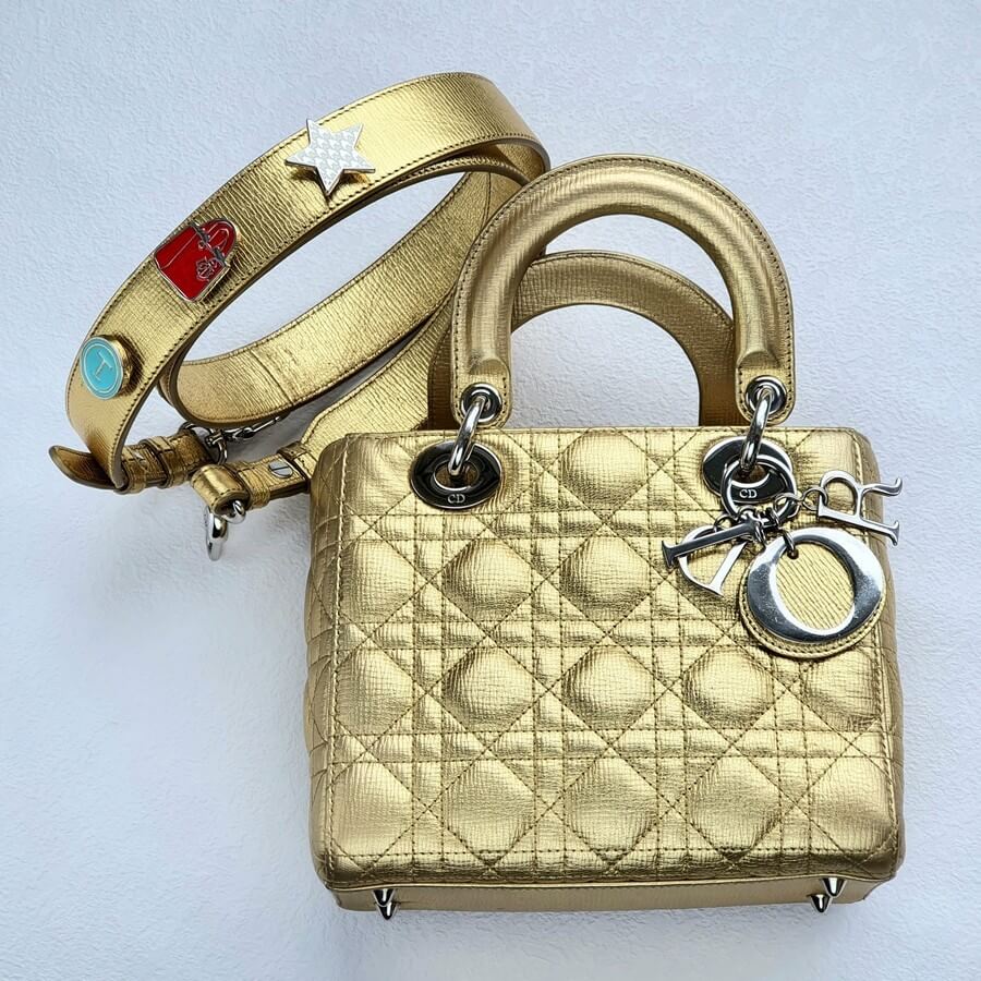 Christian Dior Small Lady Dior Metallic Gold Leather /Badges with Gold Hardware #OTLT-1