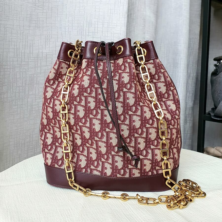 Dior Drawstring Bucket Bag Maroon Oblique Canvas /Leather with Gold Hardware #OTUY-2