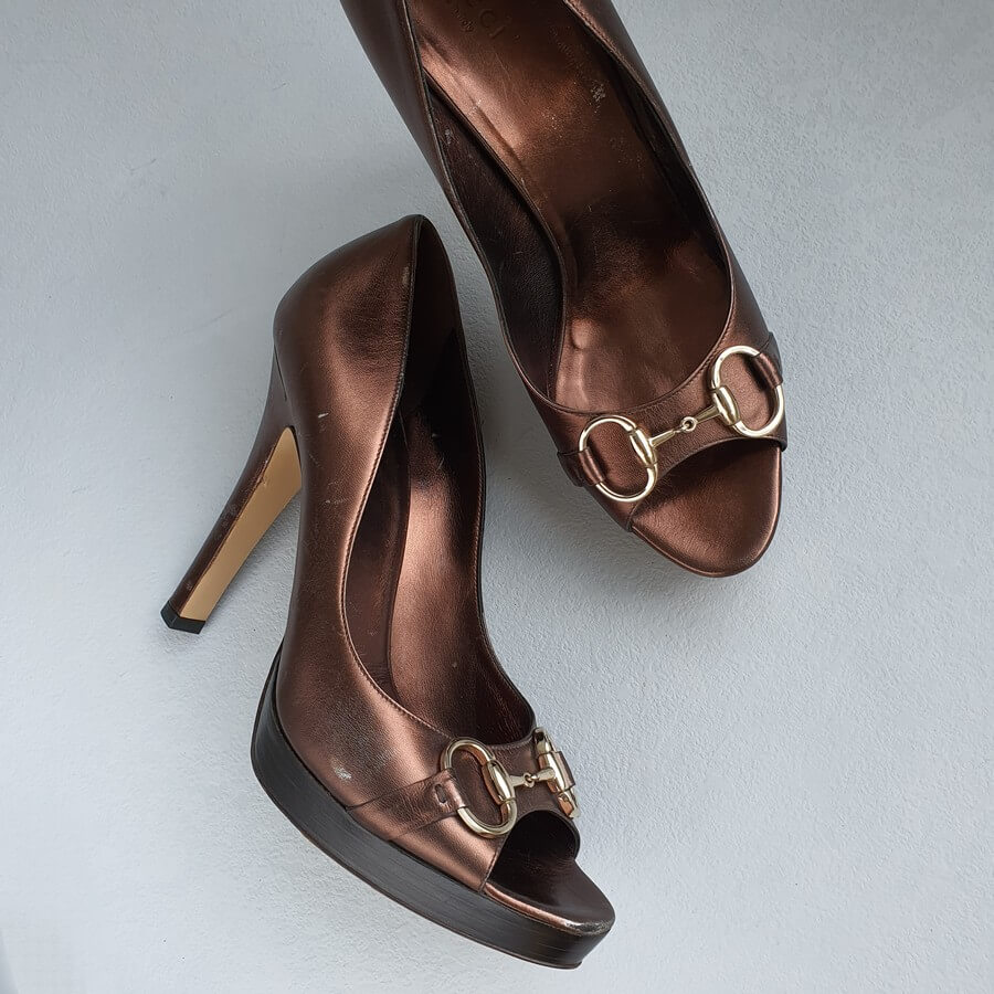 Gucci Peeptoe Size40C Bronze Leather Shoes #TRSU-15