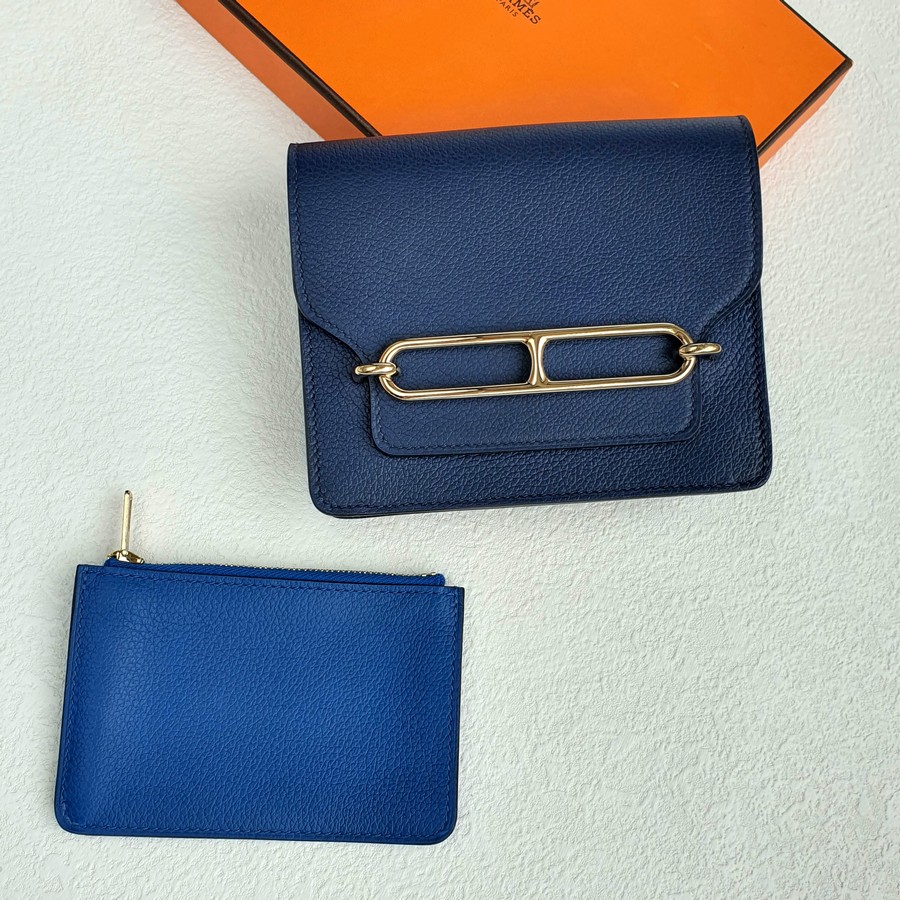 Hermes Roulis Slim Wallet Bleu Sapphire /Blue France Calf leather with Gold Hardware #OTUY-4